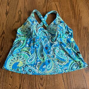 Lands End Women Teal Green Paisley Racerback Tankini Swim Suit Top Plus Size 16W
